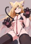  1girl absurdres alternate_costume animal_ear_fluff animal_ears animal_hands ass_visible_through_thighs bell bikini black_bikini black_thighhighs blonde_hair blush breasts breasts_apart cat_ears cat_paws cat_tail closed_mouth collar commentary_request covered_nipples eyepatch fake_animal_ears fake_tail fang fur_collar gloves green_eyes hair_over_one_eye highleg highleg_bikini highres irokohaku kneeling leash long_hair medium_breasts micro_bikini naughty_face navel neck_bell othinus paw_gloves pet_play skin_fang smile solo stomach swimsuit tail tail_ornament thighhighs toaru_majutsu_no_index toaru_majutsu_no_index:_new_testament 