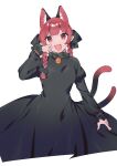  1girl akagashi_hagane animal_ears bell black_dress braid cat_ears cat_tail dress extra_ears fangs jingle_bell juliet_sleeves kaenbyou_rin long_hair long_sleeves looking_at_viewer multiple_tails open_mouth puffy_sleeves red_eyes red_hair simple_background smile solo tail touhou twin_braids two_tails white_background 
