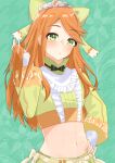  1girl abs absurdres blush bow commentary_request crop_top etie_(fire_emblem) fire_emblem fire_emblem_engage green_background green_bow green_eyes green_shirt hair_bow hand_on_hip highres keaworks long_hair looking_at_viewer midriff navel orange_hair parted_lips shirt solo stomach tiara upper_body very_long_hair 