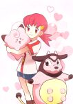  1girl bangs blush blush_stickers brown_socks buttons clefairy closed_mouth commentary_request eyelashes hair_ornament hairclip heart highres holding holding_pokemon jacket kyanos_(b_0000ff) long_hair miltank pink_eyes pink_hair pokemon pokemon_(creature) pokemon_(game) pokemon_hgss short_shorts short_sleeves shorts smile socks white_background white_jacket whitney_(pokemon) 