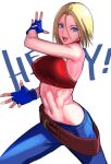  1girl :d abs bare_shoulders belt blonde_hair blue_eyes blue_mary breasts commentary crop_top fatal_fury fingerless_gloves gloves halterneck highres looking_at_viewer medium_breasts midriff navel pants short_hair sleeveless smile solo straight_hair tetsu_(kimuchi) the_king_of_fighters toned white_background 