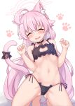  1girl ahoge animal_ears bangs bare_shoulders black_panties blue_archive blush cat_ears cat_lingerie cat_tail fang halo highres hoshino_(blue_archive) kneeling long_hair meme_attire navel open_mouth panties pink_hair shinopoko solo tail underwear underwear_only 