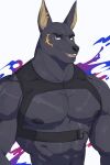  2020 9klipse abs anthro anubian_jackal biceps big_muscles black_body black_eyebrows black_fur black_nipples canid canine canis clothed clothing ear_piercing eyebrows fur hi_res jackal looking_at_viewer male mammal markings muscular muscular_anthro muscular_male nipples obliques open_mouth pecs piercing red_eyes sharp_teeth simple_background smile solo straps teeth topless topless_anthro topless_male yellow_markings 