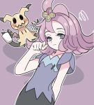  1girl acerola_(pokemon) bright_pupils closed_mouth commentary_request dress eyelashes flipped_hair grey_dress grey_eyes hair_ornament hairclip hand_up highres mimikyu multicolored_clothes multicolored_dress pokemon pokemon_(creature) pokemon_(game) pokemon_sm purple_background purple_hair short_sleeves squiggle stitches sutokame white_pupils 