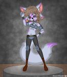  absurd_res anthro armor armwear belt biomechanical blossomblaze canid canine canis chest_fur clothing fan_character female freckles hair hi_res humanoid hybrid knee_pads long_boots long_tail looking_at_viewer mammal neckwear open_mouth pose short_hair solo spread_legs spreading tail wolf 
