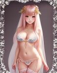  blush brown_eyes hair_ornament innocent lingerie lovely non-web_source original pink_hair solo thighhighs topless underwear 