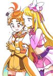  1boy 1girl bare_shoulders belt black_belt blonde_hair blush commentary cure_butterfly cure_wing detached_sleeves gloves hands_on_another&#039;s_shoulders hat highres hijiri_ageha hirogaru_sky!_precure juliet_sleeves long_hair long_sleeves midriff mini_hat multicolored_hair orange_eyes orange_gloves orange_hair orange_shorts own_hands_clasped own_hands_together pink_eyes pink_skirt precure puffy_sleeves shorts skirt smile symbol-only_commentary thigh_strap uraki 