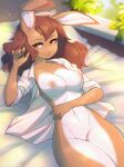  5_fingers absurd_res anthro barely_visible_genitalia barely_visible_pussy bed bed_sheet bedding bedroom breasts brown_hair clothed clothing detailed_background eyebrows eyelashes female fensu-san fingers fur furniture genitals hair hi_res jessie_(fensu-san) lagomorph leporid long_ears long_hair looking_at_viewer lying lying_on_bed mammal mostly_nude multicolored_body multicolored_fur navel nipples nude on_back on_bed open_clothing open_topwear pillow pink_nipples plant pussy rabbit solo tan_body tan_fur topwear two_tone_body two_tone_fur white_body white_fur window yellow_eyes 