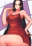 1girl amazon_warrior aosora2823 armpits bare_shoulders black_hair blue_eyes blush boa_hancock breasts cleavage closed_mouth commentary_request dress earrings from_below hand_on_hip highres jewelry large_breasts long_hair looking_at_viewer one_piece red_dress snake_earrings solo thick_thighs thighs 