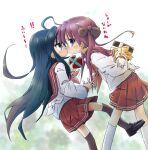  2girls blue_hair blush_stickers green_eyes hiiragi_kagami izumi_konata kiss long_hair lucky_star multiple_girls nirata_masoba purple_eyes purple_hair red_sailor_collar red_skirt sailor_collar school_uniform skirt translation_request valentine yuri 