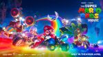  1girl 4boys biker_clothes bikesuit blue_shell_(mario) bob-omb bodysuit copyright_name cranky_kong donkey_kong drifting driving exhaust_pipe floating_island gloves go-kart ground_vehicle hat highres jet_engine logo mario mario_(series) monster_truck motor_vehicle motorcycle multiple_boys night official_art overalls princess_peach promotional_art rainbow smile spiked_shell the_super_mario_bros._movie toad_(mario) wings 