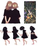  6+girls arms_behind_back barefoot black_dress black_hair border bow brown_hair collage dress facing_away flower flower_request from_behind full_body hair_bow highres ka_(marukogedago) long_hair matching_outfit medium_hair multiple_girls nature original own_hands_together plant purple_flower running short_dress short_hair short_sleeves standing upper_body white_background white_border white_flower yellow_bow yellow_flower 