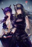  2girls arknights bangs bare_shoulders black_gloves black_hair black_jacket black_shirt blue_hair breasts ch&#039;en_(arknights) closed_mouth collared_shirt commentary gloves hair_between_eyes highres horns hoshiguma_(arknights) jacket liujiang2020 long_hair looking_at_viewer medium_breasts multiple_girls necktie open_clothes open_jacket parted_lips puffy_short_sleeves puffy_sleeves red_eyes shirt short_sleeves single_horn sleeveless sleeveless_shirt symbol-only_commentary turtleneck very_long_hair white_shirt yellow_eyes yellow_necktie 