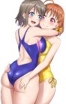  2girls :d ahoge ass asymmetrical_docking bare_shoulders blue_eyes blue_one-piece_swimsuit blush bow breast_press breasts brown_hair closed_mouth commentary_request commission competition_swimsuit grey_hair hair_bow hand_on_another&#039;s_ass highres hug looking_at_another love_live! love_live!_sunshine!! medium_breasts mibushiro multiple_girls one-piece_swimsuit open_mouth pixiv_commission red_eyes short_hair simple_background smile swimsuit takami_chika thighs watanabe_you white_background yellow_bow yellow_one-piece_swimsuit yuri 