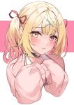  1girl :t absurdres ahoge bangs black_choker blonde_hair blush cardigan choker closed_mouth collared_shirt cropped_torso hair_ornament hair_ribbon heterochromia highres hoshikawa_sara kurokin long_sleeves looking_at_viewer medium_hair nijisanji orange_eyes own_hands_together pink_background pink_cardigan red_eyes red_ribbon ribbon shirt sidelocks sleeves_past_fingers sleeves_past_wrists solo twintails two-tone_background upper_body virtual_youtuber white_background x_hair_ornament 