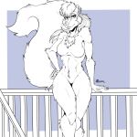  2021 anthro breasts brianna_jackson chest_tuft chin_piercing ear_piercing ear_ring featureless_breasts female fur half-closed_eyes hand_on_hip hand_on_railing looking_at_viewer mammal marcushunter markings mephitid mole_(marking) narrowed_eyes navel nude piercing pose railing raised_tail ring_piercing signature skunk smile smiling_at_viewer solo standing tail teeth tuft 