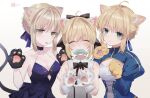  3girls :3 ahoge animal_ears animal_hands artoria_pendragon_(fate) bangs black_choker black_dress black_ribbon blonde_hair blue_dress blue_ribbon breasts brown_eyes cat_day cat_ears cat_tail choker cleavage closed_eyes closed_mouth commentary_request dress fangs fangs_out fate/grand_order fate/stay_night fate/unlimited_codes fate_(series) fish gloves green_eyes hair_ribbon juliet_sleeves kemonomimi_mode long_sleeves looking_at_viewer medium_breasts mouth_hold multiple_girls multiple_persona nigiri paw_gloves paw_pose puffy_sleeves ribbon saber saber_alter saber_lily simple_background sleeveless sleeveless_dress tail tongue tongue_out white_dress 