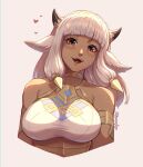  1girl animal_ears armlet ash_(fire_emblem) bangs black_horns blunt_bangs blush breasts brown_eyes commentary cow_ears cow_girl cow_horns cropped_torso dark-skinned_female dark_skin english_commentary evomanaphy fire_emblem fire_emblem_heroes hair_ornament highres horns large_breasts looking_at_viewer open_mouth simple_background smile solo teeth twitter_username upper_teeth_only white_hair 