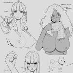  bangs blood blunt_bangs blush braid breasts broccoli_(ohasi) clenched_hand closed_mouth dark-skinned_female dark_skin dog english_text greyscale highres large_breasts long_hair looking_at_viewer monochrome nosebleed ohasi original pink_(ohasi) scarf sweat twin_braids 