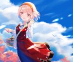  1girl :d blue_sky cloud cloudy_sky dress fire_emblem fire_emblem_engage food grey_hairband hairband kwz_ini lapis_(fire_emblem) long_sleeves pinafore_dress pink_eyes pink_hair potato red_dress red_hairband shirt short_hair sky smile solo sweet_potato two-tone_hairband white_shirt 