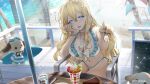  1girl :d absurdres bikini blonde_hair blue_eyes blush bracelet braid breasts cake choker cleavage cup drinking_glass eleanor_stella food frills hair_between_eyes hair_ornament hairclip hand_on_own_cheek hand_on_own_face haowei_wu highres holding holding_spoon ice_cream jewelry long_hair looking_at_viewer navel necklace nkshoujo open_mouth sitting smile solo spoon swimsuit virtual_youtuber 