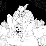  2021 anthro breasts brianna_jackson chest_tuft chin_piercing claws covering covering_crotch ear_piercing ear_ring fangs featureless_breasts female food fruit grass half-closed_eyes halloween hi_res holidays jack-o&#039;-lantern leaning leaning_back looking_at_viewer mammal marcushunter mephitid narrowed_eyes nude open_mouth piercing plant pumpkin ring_piercing signature sitting skunk smile smiling_at_viewer solo spider_web spread_legs spreading tail tail_between_legs teeth toe_claws tongue tongue_piercing tuft 