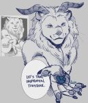 :3 absurdres animal_hands artist_name commentary derivative_work dungeon_meshi english_commentary facing_viewer fang froste_(odogaron) furry grey_background hatching_(texture) highres horns lion meme muscular outstretched_hand reaching simple_background sketch speech_bubble whiskers winged_lion_(dungeon_meshi) 