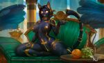  ankh anthro black_body black_fur black_hair breasts domestic_cat ear_piercing egyptian felid feline felis female fur genitals glowing glowing_eyes glowing_genitalia gold_nipples hair inviting looking_at_viewer mammal nipple_piercing nipples nude piercing pussy saltamor sitting smile solo 