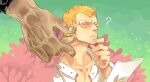  2boys ? blonde_hair coat donquixote_doflamingo earrings eguana feather_coat green_background hand_on_own_chin holding jewelry kaidou_(one_piece) male_focus multiple_boys muscular muscular_male one_piece open_clothes orange-tinted_eyewear papers pink_coat shirt short_hair size_difference sunglasses tinted_eyewear white-framed_eyewear white_shirt 
