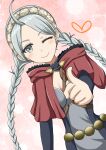  1girl ahoge bangs braid breasts capelet commentary_request fire_emblem fire_emblem_fates grey_eyes grey_hair hairband heart highres hood hooded_capelet hoodie long_hair looking_at_viewer low_twin_braids medium_breasts nina_(fire_emblem) o-ring one_eye_closed parted_bangs patty_ojisan pointing pointing_at_viewer red_capelet smile solo twin_braids white_hairband 
