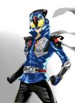  1boy absurdres aoi_shouta armor black_pants blue_jacket chinese_commentary clenched_hands collared_jacket commentary_request cowboy_shot driver_(kamen_rider) eyes_visible_through_headwear gradient_background grey_background helmet highres jacket kamen_rider kamen_rider_zi-o_(series) looking_at_viewer male_focus pants parody pocket_watch poptepipic rider_belt serious shoulder_armor stance watch white_background zuolun_cannon 