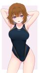  1girl alternate_costume arms_behind_head ass_visible_through_thighs border breasts brown_hair competition_swimsuit covered_navel girls&#039;_frontline gotoo grizzly_mkv_(girls&#039;_frontline) highleg highleg_swimsuit highres large_breasts light_blush looking_at_viewer medium_hair one-piece_swimsuit outside_border purple_background purple_eyes smile solo swimsuit thighs white_background white_border 