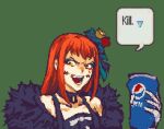  1girl :d bare_shoulders can commentary eyeshadow fire_emblem fire_emblem_engage fur_trim glaceo green_background hair_ornament holding holding_can long_hair looking_at_viewer makeup meme open_mouth orange_hair panette_(fire_emblem) pepsi pixel_art simple_background smile soda_can solo speech_bubble upper_body yellow_eyes 