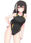  1girl arm_at_side ass_visible_through_thighs bangs black_hair blush breasts closed_mouth collarbone commentary_request competition_swimsuit contrapposto covered_navel cowboy_shot girls&#039;_frontline gotoo hair_between_eyes hand_on_hip heterochromia highleg highleg_swimsuit highres light_frown long_hair looking_at_viewer medium_breasts multicolored_hair one-piece_swimsuit ponytail red_eyes ro635_(girls&#039;_frontline) simple_background solo standing streaked_hair swimsuit white_background yellow_eyes 