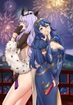  2girls absurdres bare_legs birthmark blue_dress blue_eyes blush breasts bridal_gauntlets camilla_(fire_emblem) cleavage covered_navel dress fire_emblem fire_emblem_fates fireworks hair_over_one_eye highres igni_tion long_dress long_hair lucina_(fire_emblem) medium_breasts multiple_girls night night_sky purple_eyes purple_hair shrug_(clothing) side_slit sky smile tiara very_long_hair wavy_hair 