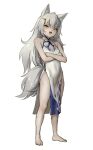  1girl :d animal_ears as109 bare_legs barefoot blue_hair breasts china_dress chinese_clothes crossed_arms dress full_body grey_hair highres long_hair looking_at_viewer multicolored_hair original side_slit small_breasts smile standing streaked_hair tail two-tone_hair wolf_ears wolf_girl wolf_tail yellow_eyes 