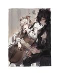  2boys :/ :d absurdres animal_ears arknights ascot black_hair black_suit blush cello chinese_commentary closed_mouth ebenholz_(arknights) formal goat_boy goat_ears goat_horns hair_between_eyes highres holding holding_bow_(music) holding_pen horns instrument kreide_(arknights) long_hair long_sleeves looking_at_another male_focus multiple_boys open_mouth pen purple_eyes sheet_music smile squiggle suit takano_jiyuu teeth upper_teeth_only very_long_hair white_ascot white_hair white_suit 