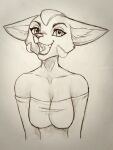  2019 anthro bare_shoulders breasts canid canine cleavage clothed clothing eyelashes fara_phoenix female fox half-length_portrait hi_res inner_ear_fluff looking_at_viewer mammal monochrome naaraskettu nintendo open_mouth portrait simple_background sketch solo star_fox tuft 