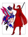  :d absurdres back bare_shoulders black_footwear black_hair boots braid bug butterfly coat ddlcclia fate/grand_order fate_(series) floating gloves hair_ornament high_heels highres interlocked_fingers long_hair mysterious_ranmaru_x_(fate) oda_nobunaga_(fate) oda_nobunaga_(maou_avenger)_(fate) red_gloves red_hair sheath sheathed short_hair smile sword tiptoes very_long_hair weapon 