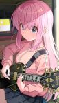  1girl absurdres bangs black_skirt blue_eyes bocchi_the_rock! computer electric_guitar eyes_visible_through_hair gibson_les_paul gotou_hitori guitar highres holding holding_instrument instrument jacket laptop long_hair music nomio one_side_up pink_hair pink_jacket playing_instrument pleated_skirt plectrum skirt solo track_jacket 