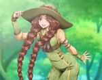  1girl braid brown_hair commentary_request flower freckles green_eyes hand_on_headwear hat hat_flower hogwarts_legacy kaname_aomame long_hair long_sleeves looking_at_viewer mirabel_garlick open_mouth overalls smile solo tree twin_braids upper_body 