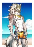  abs anthro arm_tuft beach bulge canid canine canis clothed clothing cloud dark_sclera ear_piercing ear_ring gold_(metal) gold_jewelry green_eyes hi_res hiei0221 jackal jewelry lifewonders male mammal mane pecs piercing ring_piercing sand seaside seth_(tas) solo swimming_trunks swimwear tokyo_afterschool_summoners topless topless_male tuft 