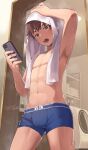  1boy after_bathing artist_name bathroom bishounen blue_male_underwear boxer_briefs brown_hair bulge commentary commentary_request cowboy_shot green_eyes highres holding holding_phone indoors looking_at_object male_focus male_underwear navel open_mouth original phone solo steelwire topless_male underwear wet wet_hair 