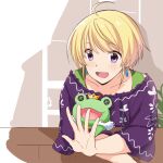  1boy blonde_hair blush earrings green_tank_top grey_background harukawa_(aonori1022) idolmaster idolmaster_side-m jewelry kaerre long_sleeves looking_down male_focus multicolored_background open_mouth pierre_bichelberger purple_eyes purple_shirt shirt short_hair smile solo stuffed_animal stuffed_frog stuffed_toy tank_top white_background 