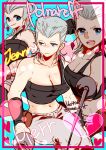  1girl blue_eyes breasts character_name cleavage dated dual_wielding earrings flattop frown genderswap genderswap_(mtf) grey_hair holding holding_sword holding_weapon jean_pierre_polnareff jewelry jojo_no_kimyou_na_bouken large_breasts midriff navel no_eyebrows open_mouth pouch rapier smile stardust_crusaders strapless sword tianel_ent tube_top twitter_username weapon 