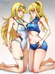  2girls artist_name bangs bare_shoulders blonde_hair blue_eyes blush breast_press breasts cleavage crop_top crossover dated headpiece jewelry large_breasts long_hair looking_at_viewer metroid mina_cream mole mole_under_mouth multiple_girls mythra_(radiant_beach)_(xenoblade) mythra_(xenoblade) navel one-piece_swimsuit ponytail revision samus_aran shorts simple_background smile strapless strapless_swimsuit super_smash_bros. swept_bangs swimsuit symmetrical_docking tiara very_long_hair white_one-piece_swimsuit xenoblade_chronicles_(series) xenoblade_chronicles_2 yellow_eyes yuri 