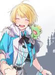  1boy blonde_hair blue_shirt castle closed_eyes earrings epaulettes harukawa_(aonori1022) idolmaster idolmaster_side-m jewelry kaerre looking_at_viewer male_focus pierre_bichelberger shirt short_hair short_sleeves smile solo stuffed_animal stuffed_frog stuffed_toy white_background white_shirt 