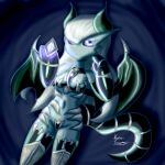  2021 absurd_res animal_humanoid black_sclera blue_background clawed_fingers clothed clothing dragon dragon_horn dragon_humanoid dragon_tail dragon_wings female fusion gardevoir gem generation_3_pokemon hair hi_res holding_gem holding_object horn horned_humanoid humanoid kuperseeper long_hair looking_at_viewer navel nintendo not_furry pokemon pokemon_(species) pokemon_fusion signature simple_background skimpy smile smirk solo white_eyes white_hair 