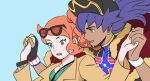  1boy 1girl aqua_eyes bad_id bad_twitter_id baseball_cap cape champion_uniform coat dark-skinned_male dark_skin dede_(qwea_00000) dynamax_band eyewear_on_head facial_hair fur-trimmed_cape fur_trim hair_ornament hat heart heart_hair_ornament holding_hands howl_no_ugoku_shiro leon_(pokemon) looking_at_another open_mouth orange_hair parody pokemon pokemon_(game) pokemon_swsh purple_hair side_ponytail smile sonia_(pokemon) sunglasses upper_body wristband yellow_eyes 