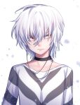  &gt;:( 1boy accelerator_(toaru_majutsu_no_index) albino ambiguous_gender androgynous annoyed arms_at_sides arrow_(symbol) arrow_print bangs black_choker choker diagonal_stripes electrodes frown furrowed_brow hair_between_eyes highres long_sleeves looking_to_the_side loose_clothes loose_shirt messy_hair pale_skin red_eyes sanpaku shirt short_hair solo standing striped toaru_majutsu_no_index two-tone_shirt upper_body v-shaped_eyebrows white_background white_hair wo_zatta 